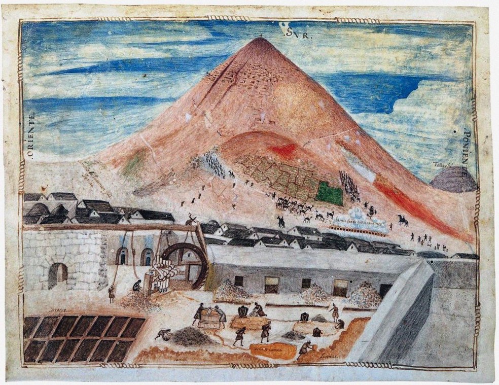 Imagem de cerca de 1585 mostra o Cerro Rico, em Potosí — Foto: Fine Art Images/Heritage Images via Getty Images