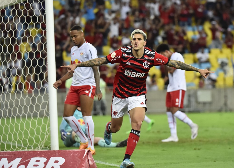 Pedro comemora gol do Flamengo contra o Bragantino — Foto: André Durão