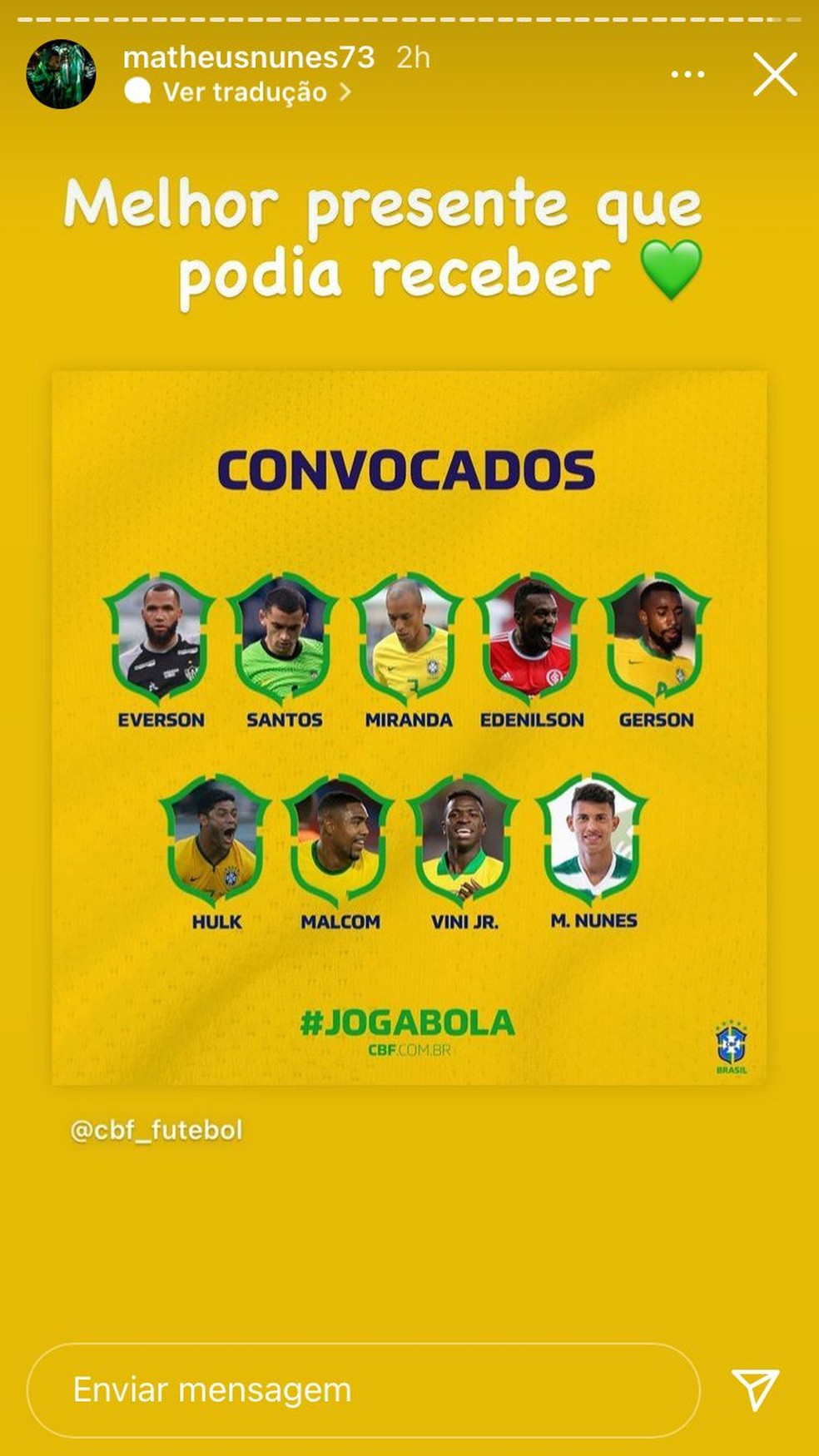 O jogador do Sporting comemorou a convocação para a seleção brasileira — Foto: Reprodução