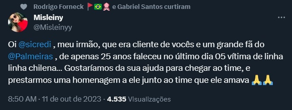 Postagem Misleiny, irmã de Fernando, acreano torcedor do Palmeiras — Foto: Reprodução/X