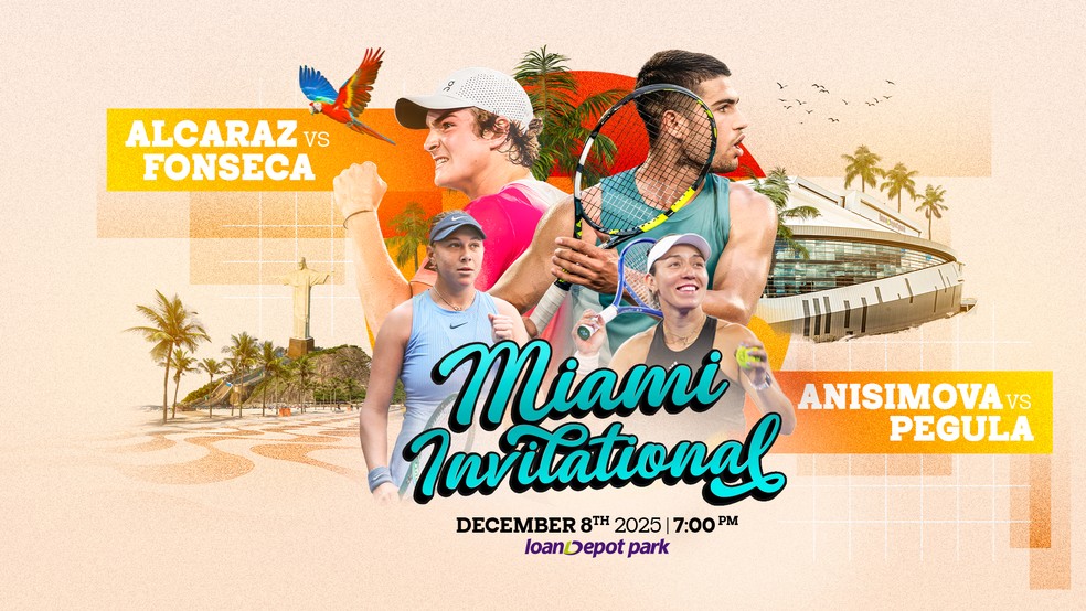 João Fonseca, Carlos Alcaraz, Amanda Anisimova e Jessica Pegula em anúncio do torneio amistoso Miami Invitational — Foto: Divulgação