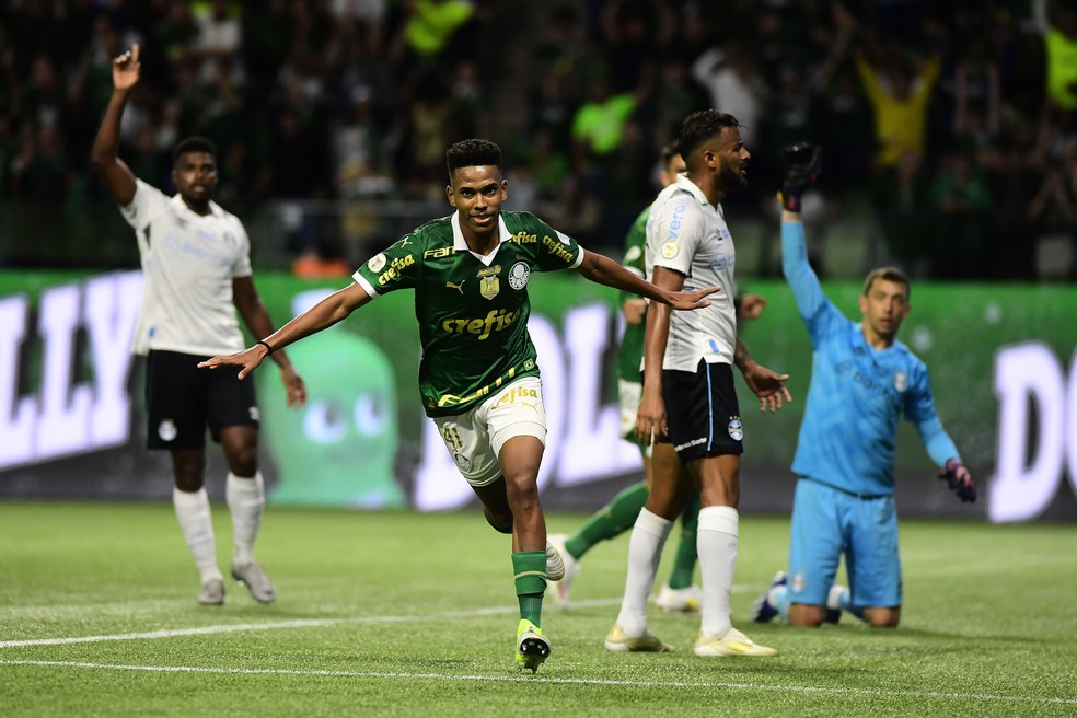 Estêvão, do Palmeiras, comemora gol contra o Grêmio — Foto: Marcos Ribolli