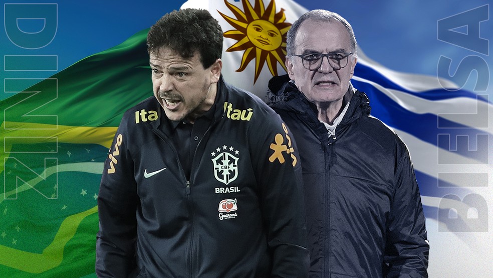 Fernando Diniz e Marcelo Bielsa travam duelo em Uruguai x Brasil — Foto: ge