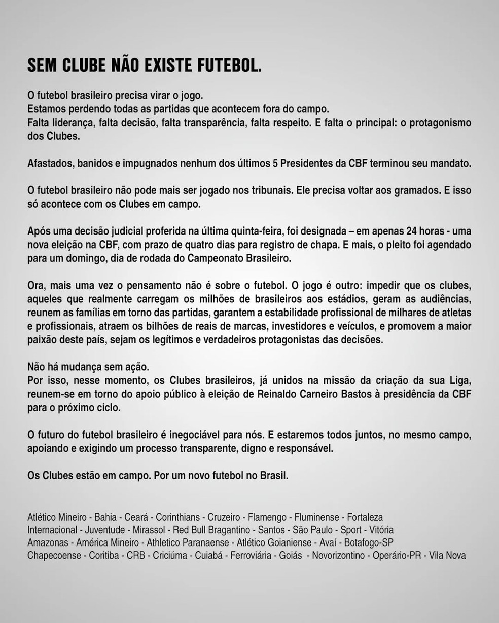 LFU divulga nota em que 32 clubes assinam apoio a Reinaldo Carneiro Bastos nas eleies da CBF  Foto: Reproduo/LFU