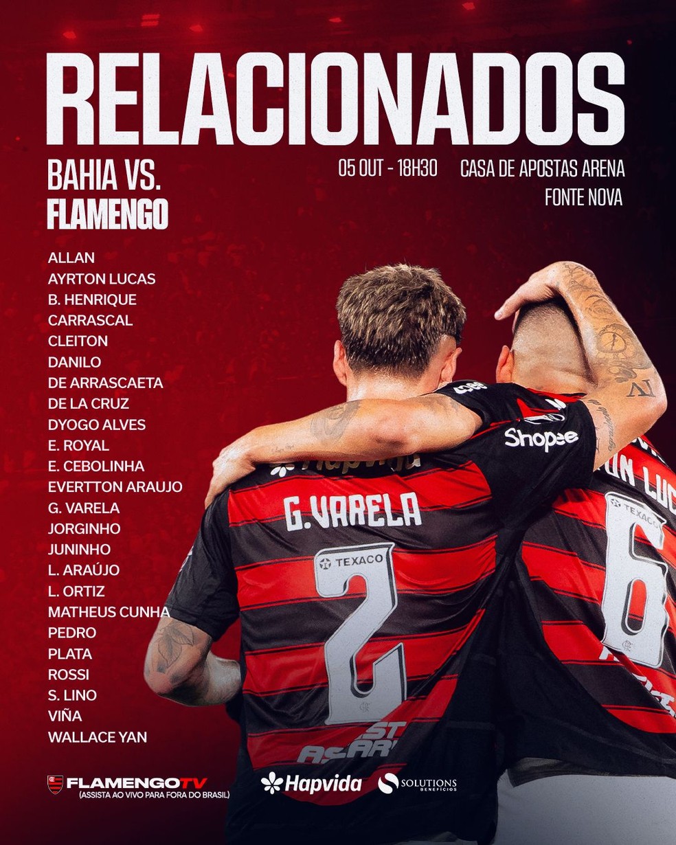 Relacionados do Flamengo para enfrentar o Bahia.
