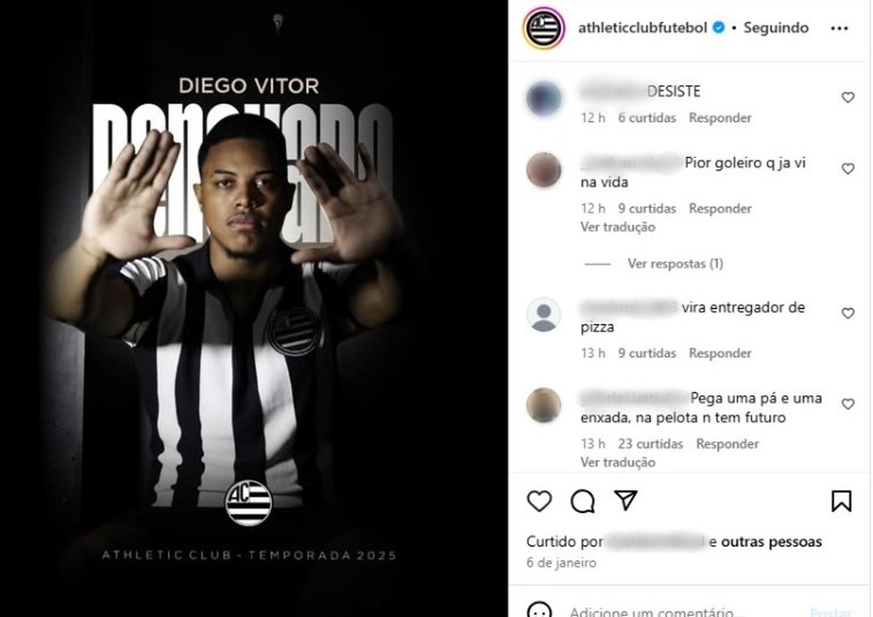 Goleiro Diego Vítor, do Athletic, é vítima de críticas nas redes sociais após falha contra o Grêmio — Foto: Reprodução/Instagram