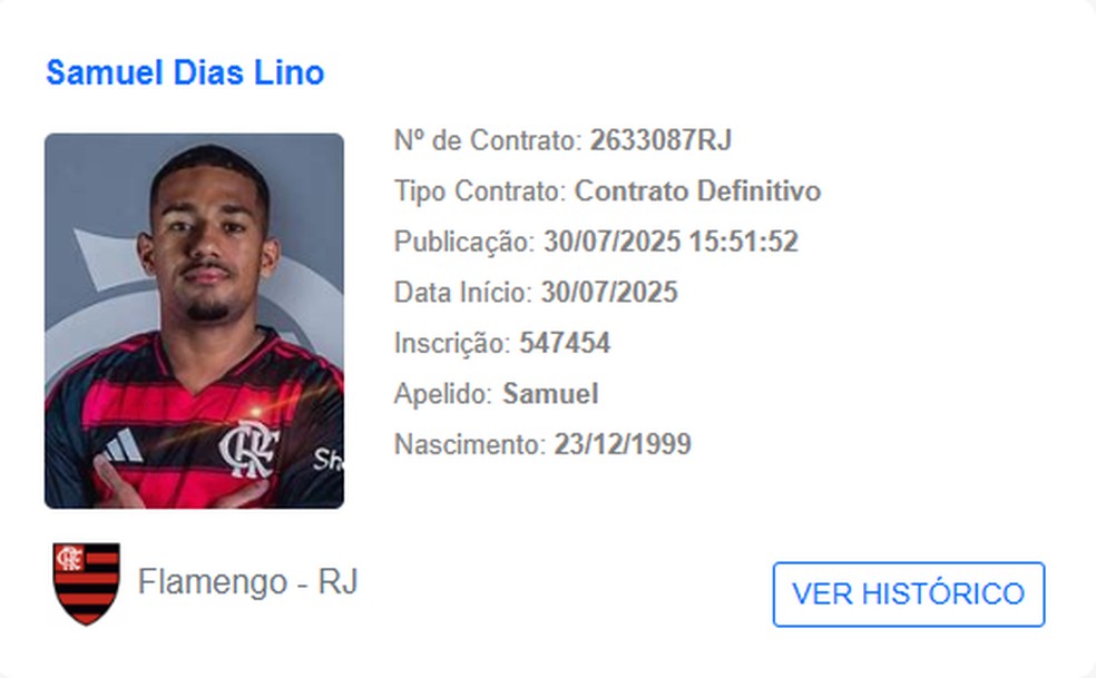 Samuel Lino &eacute; regularizado no BID pelo Flamengo &mdash; Foto: Reprodu&ccedil;&atilde;o