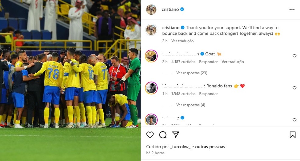 Cristiano Ronaldo manda recado para a torcida do Al-Nassr após eliminação: "Voltaremos mais fortes" — Foto: Reprodução