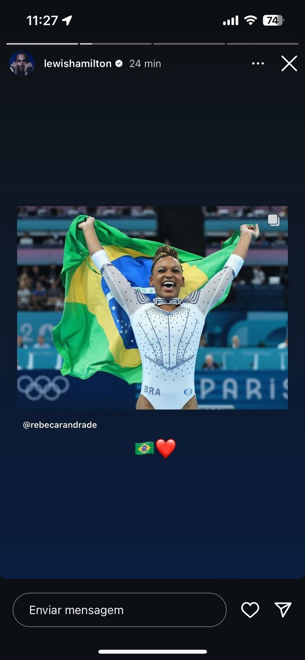 Lewis Hamilton comemora medalha de ouro de Rebeca Andrade nas Olimpíadas 2024 — Foto: Reprodução/Redes Sociais
