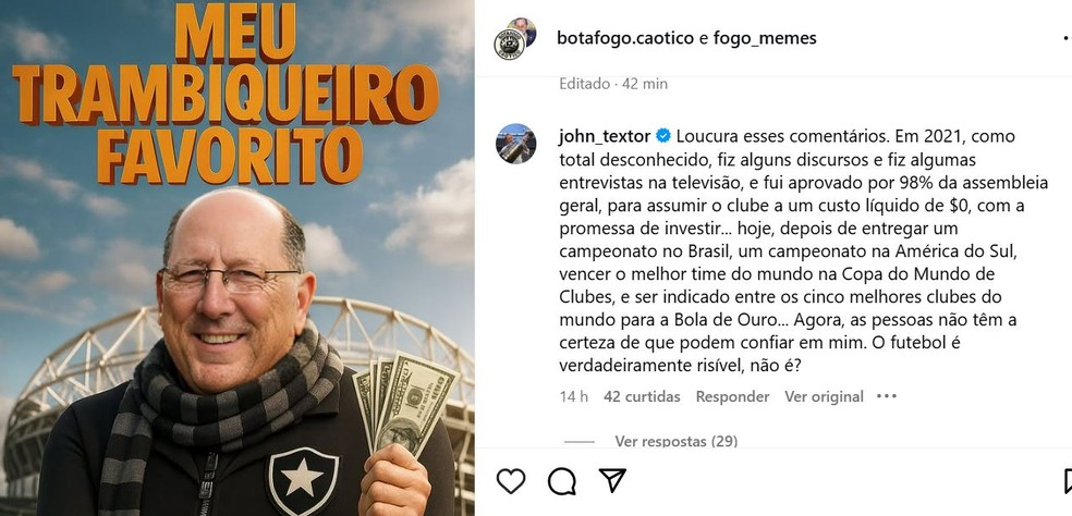 "Meu trambiqueiro favorito": Textor rebate post de torcedor, lembra títulos e ironiza: "O futebol é cômico"