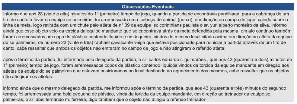 Observações na súmula de Corinthians x Palmeiras — Foto: Reprodução