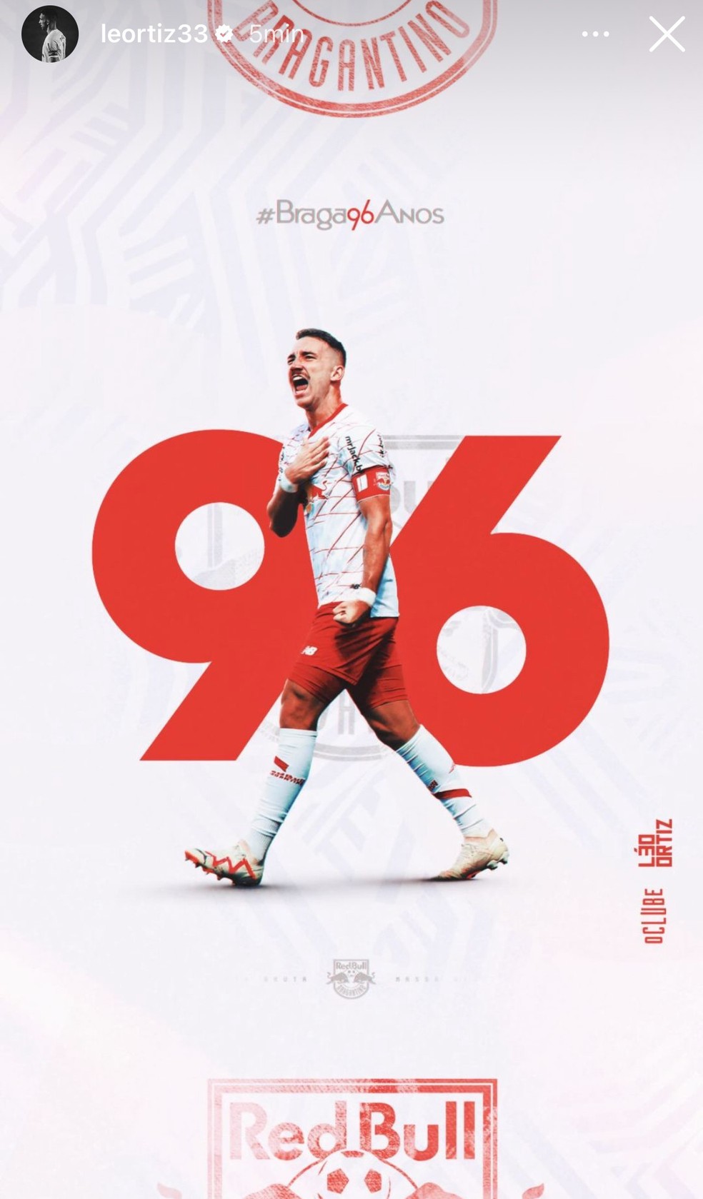 Léo Ortiz faz publicação sobre aniversário de 96 anos do Bragantino — Foto: Reprodução/Instagram