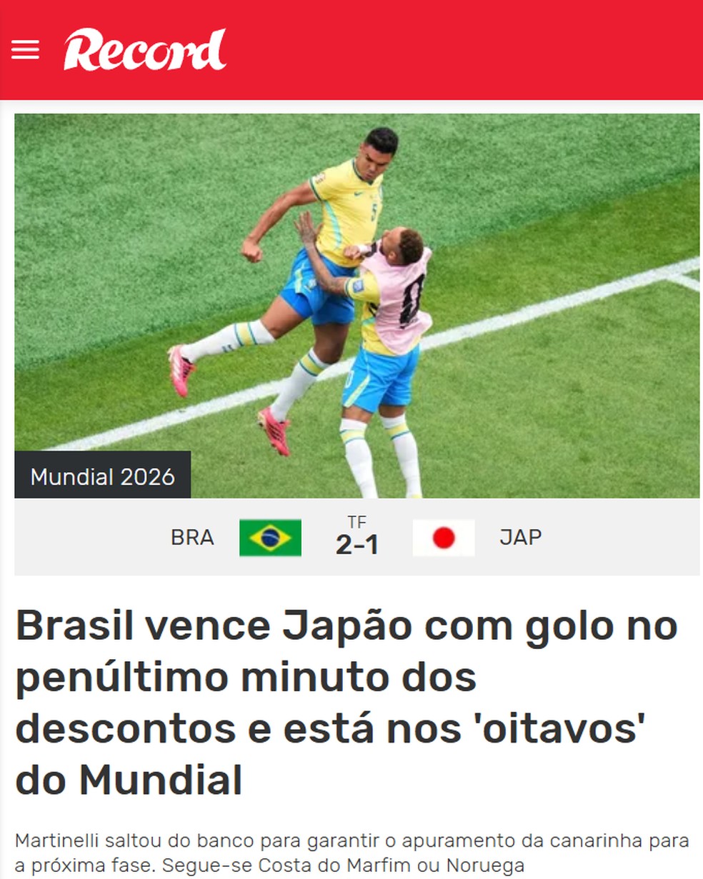 Record, de Portugal, destaca classificação brasileira nos acréscimosE — Foto: Reprodução