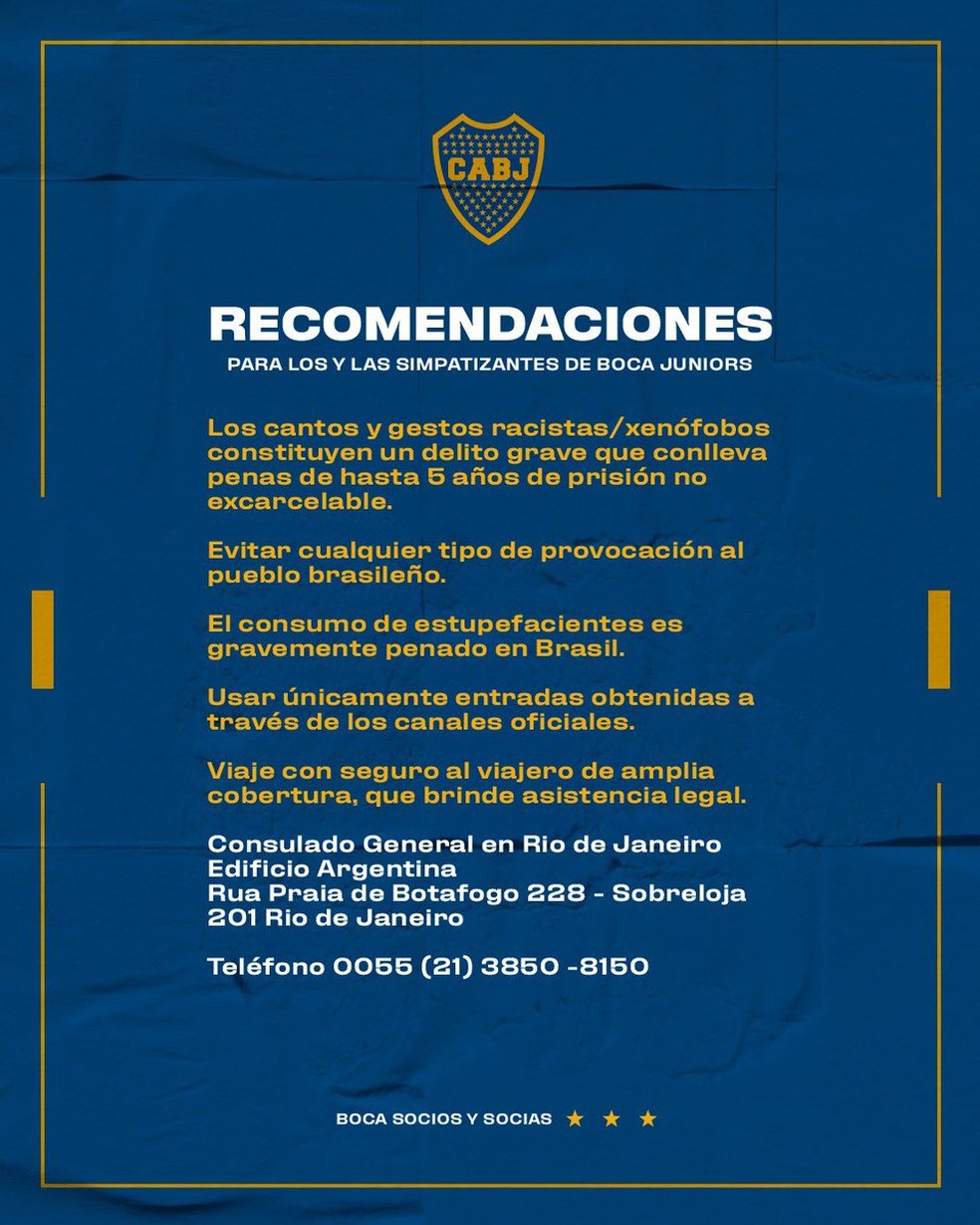 Recomendações do Boca Juniors aos torcedores que vêm ao Brasil — Foto: Divulgação/Boca Juniors