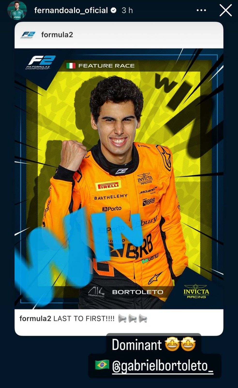 CEO da McLaren e Alonso celebram vitória de Bortoleto na F2 | Ge
