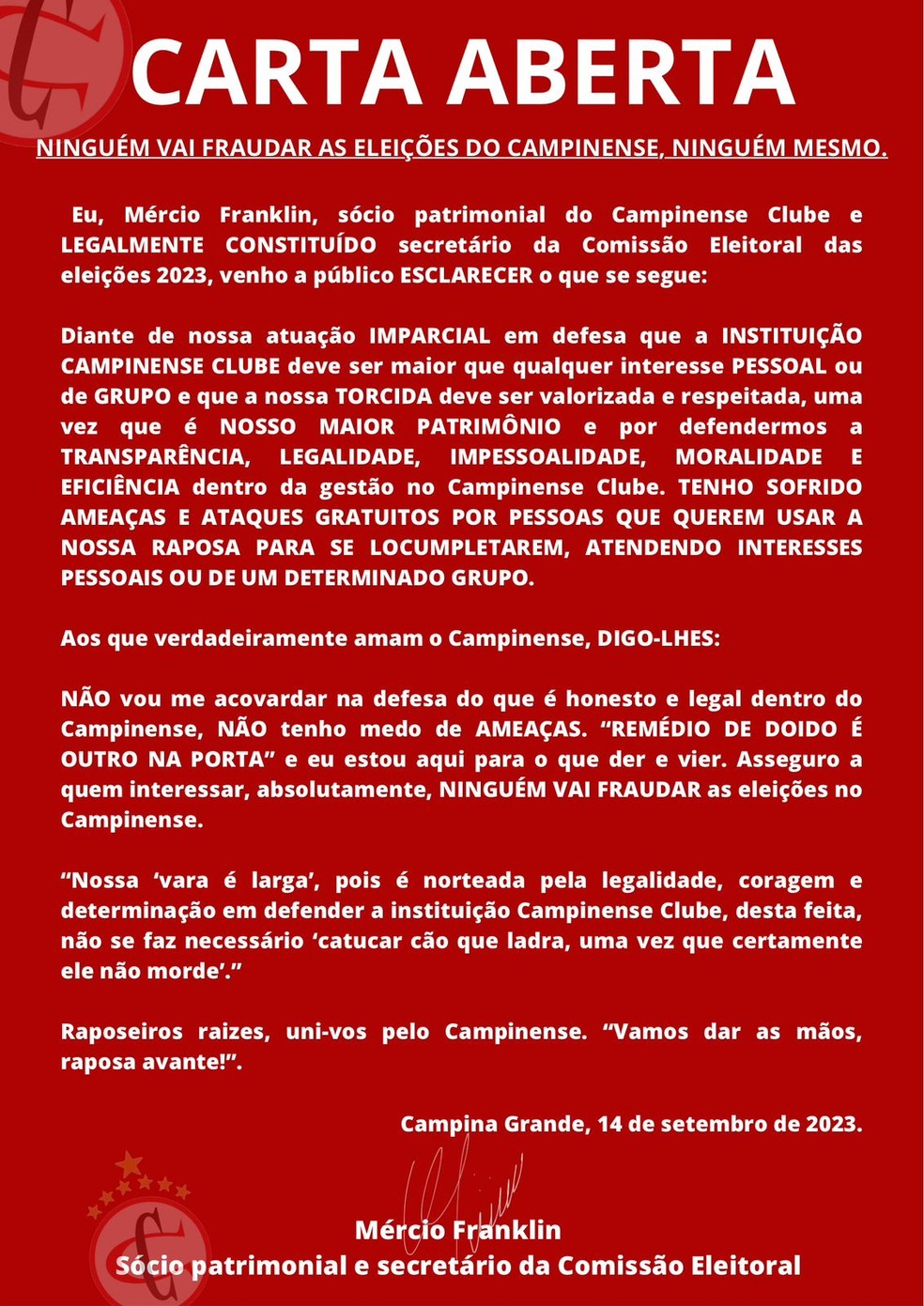 Carta aberta do secretádio da comissão eleitoral do Campinense — Foto: Divulgação