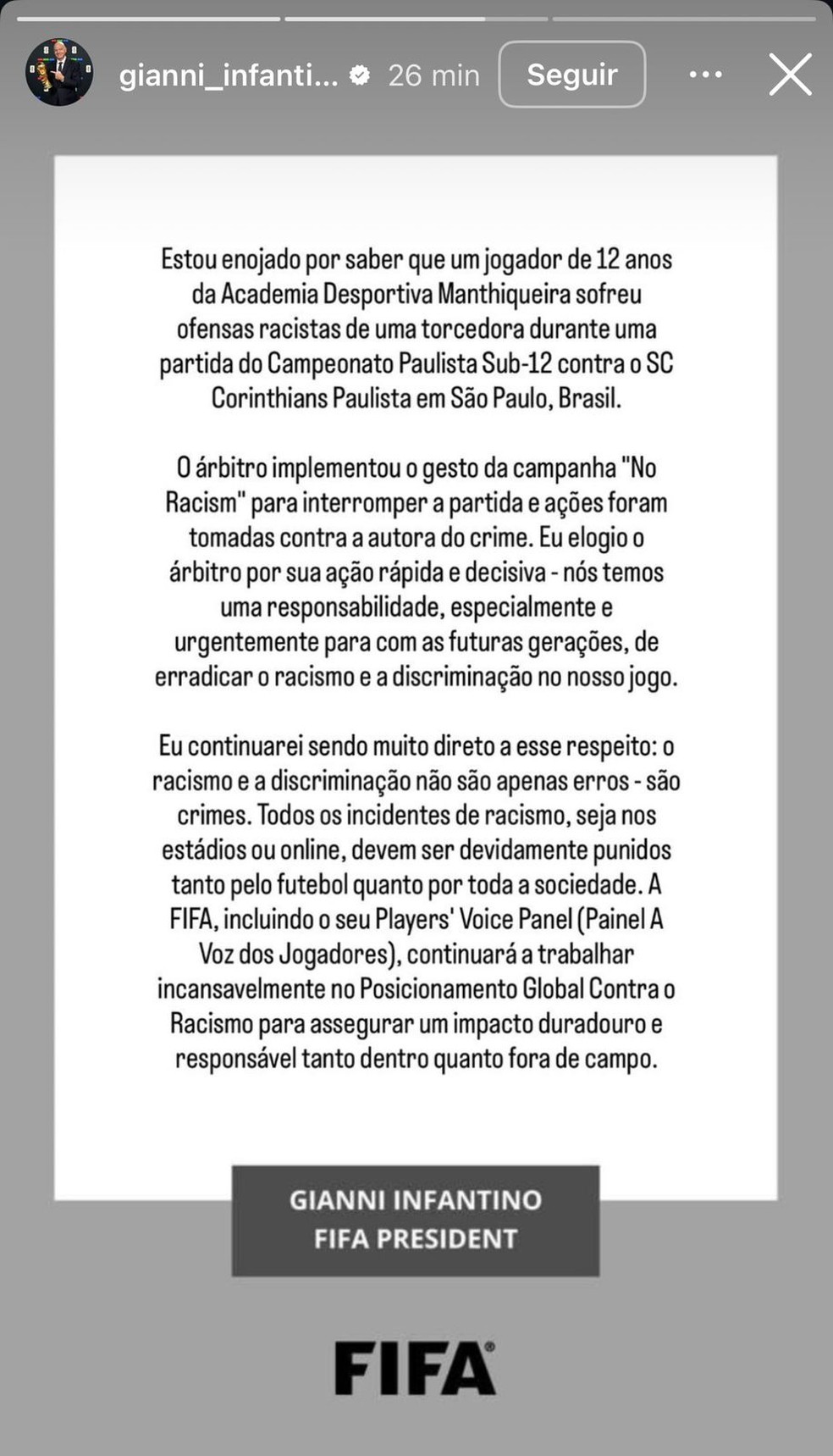 Presidente da Fifa se manifesta sobre caso de racismo - Reprodução/Instagram