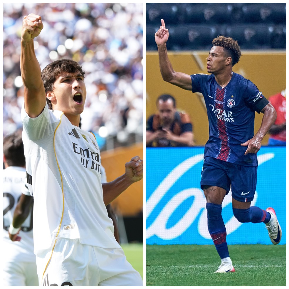 Gonzalo García e Doué são jovens importantíssimos para Real Madrid e PSG nesta Copa do Mundo — Foto: Montagem sobre fotos de Robin Alam/ISI Photos/ISI Photos via Getty Images e Etsuo Hara/Getty Images