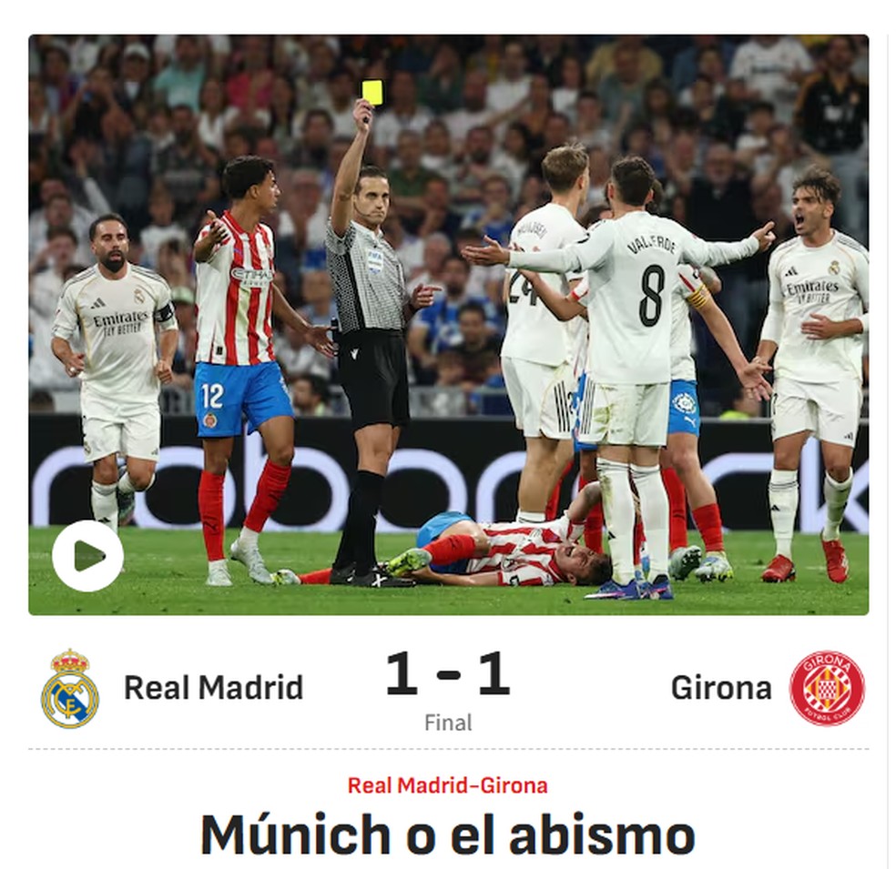 "Munique ou Abismo", no jornal As - Imprensa da Espanha repercute Real Madrid 1x1 Girona — Foto: Reprodução / Internet