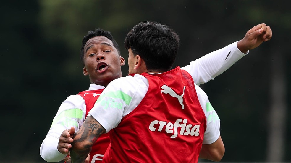 Endrick e Gustavo Gómez durante treino do Palmeiras na Academia de Futebol — Foto: Cesar Greco