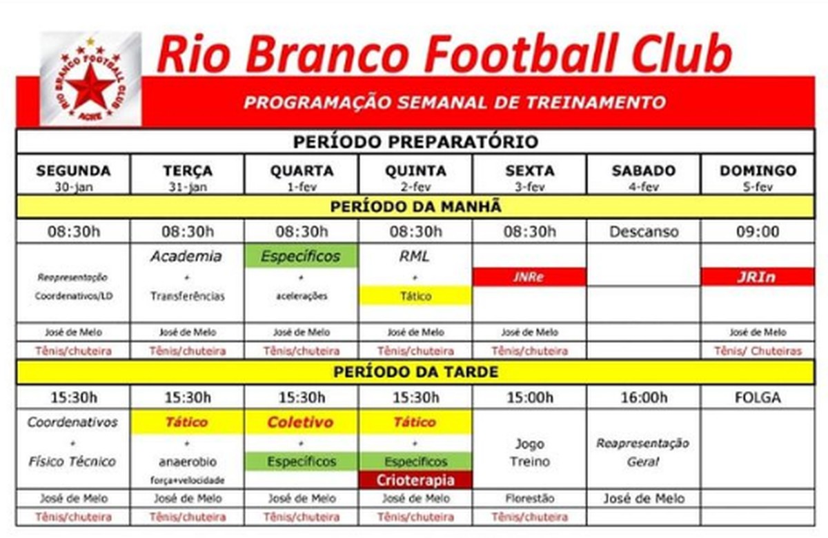 Confira a programação de treinos do Rio Branco-AC para a 3ª semana de ...