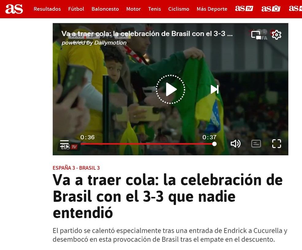 As ironiza comemoração do Brasil em gol de empate com Espanha: "Ninguém entendeu" — Foto: Reprodução/As