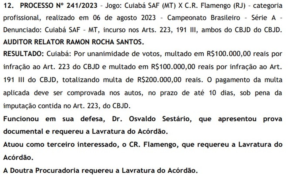Cuiabá é multado pelo STJD por preços de ingressos contra o Flamengo — Foto: Reprodução