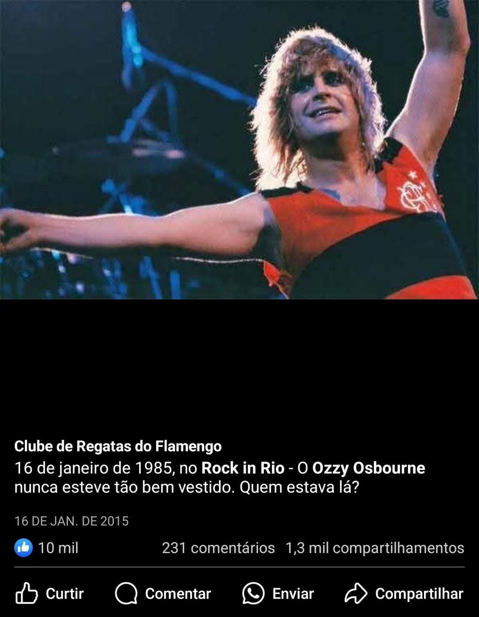 Flamengo relembra show de Ozzy Osbourne com a camisa do clube em 1985 — Foto: Reprodução / Facebook