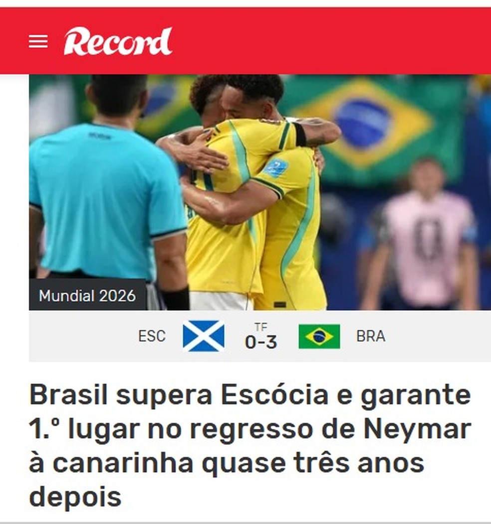 Record, de Portugal, destaca vitória e classificação do Brasil na Copa — Foto: Reprodução