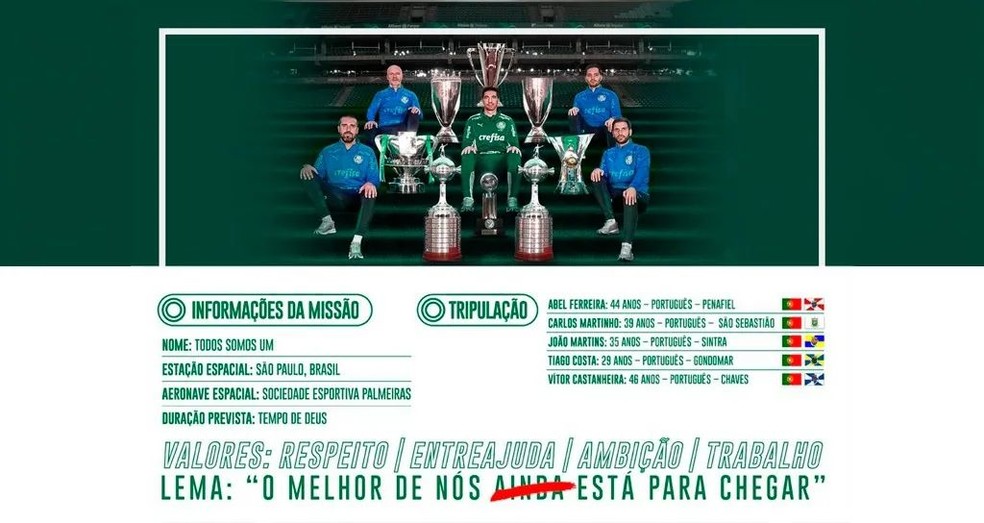Abel Ferreira, do Palmeiras, posta foto como astronauta com seus auxiliares — Foto: Reprodução