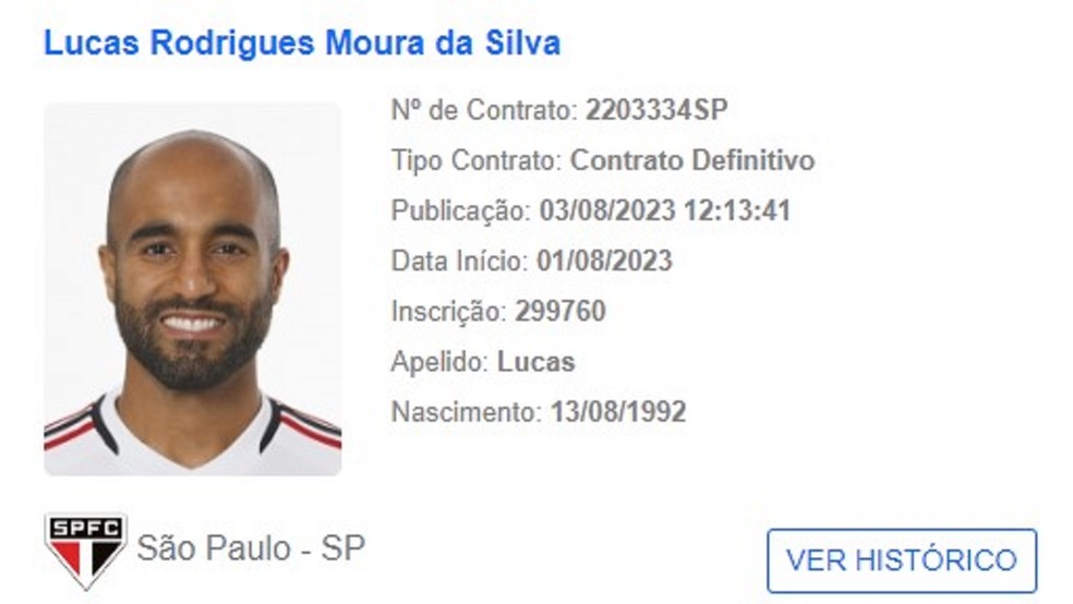 Registro de Lucas Moura, do São Paulo, no BID — Foto: Reprodução