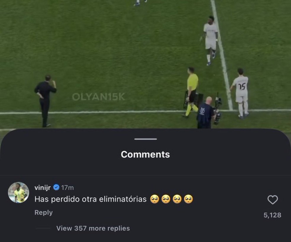 Vini Jr provoca Simeone após treta em clássico contra Atletico de Madrid na Supercopa — Foto: Reprodução