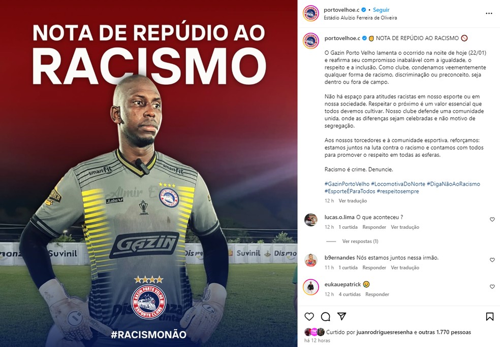 Porto Velho lança nota contra racismo na Copa Verde — Foto: Reprodução