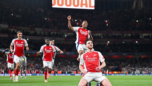 Rice comemora o gol de falta marcado para o Arsenal contra o Real Madrid, na Champions League