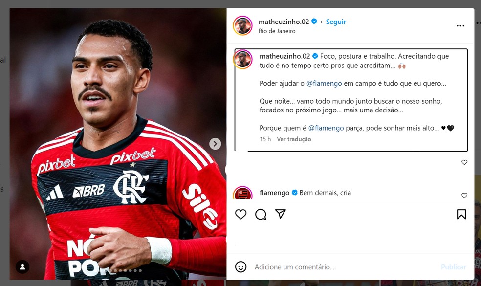 Matheuzinho celebra atuação pelo Flamengo nas redes sociais — Foto: Reprodução