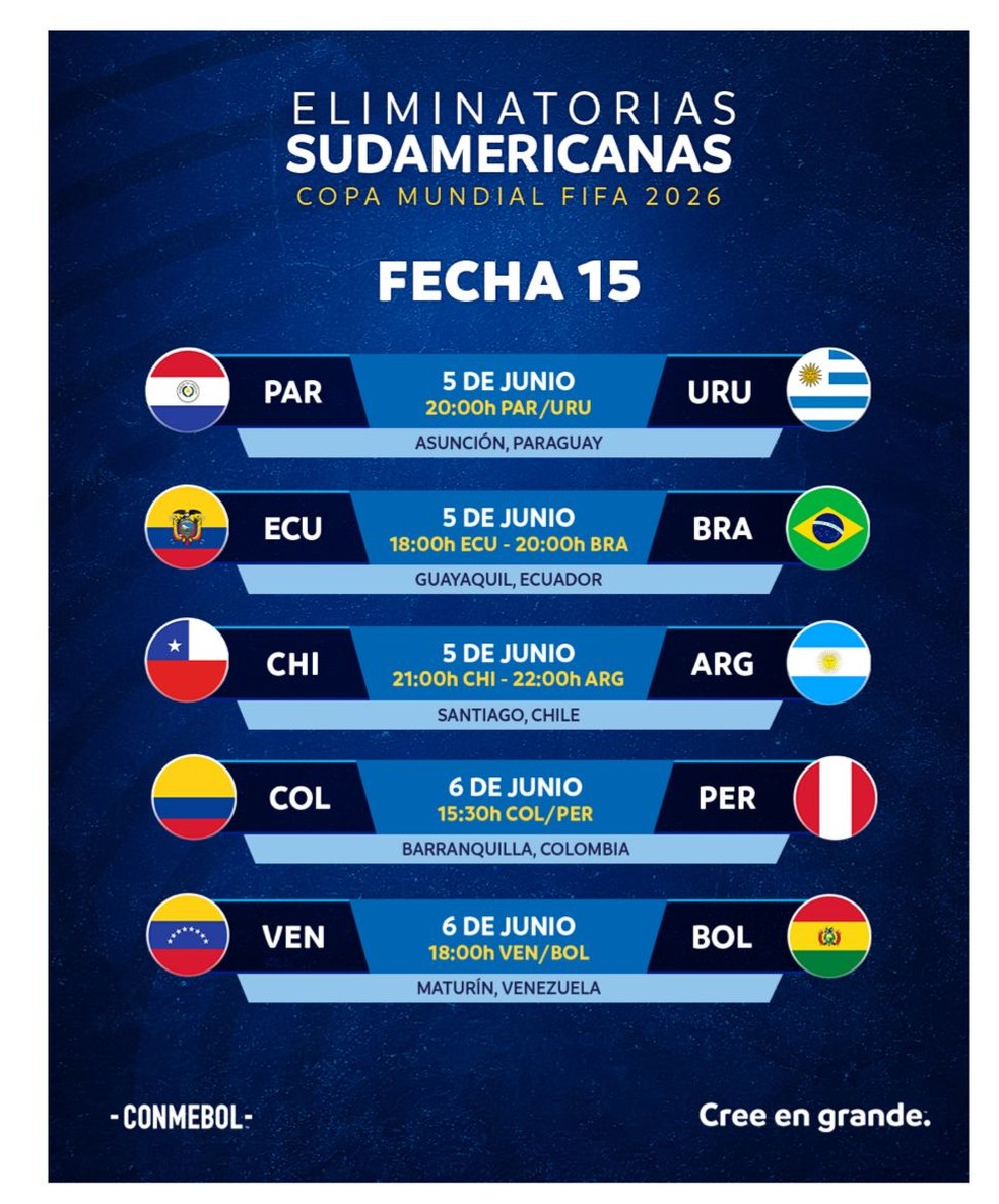 Conmebol divulga datas e estádios da 15ª rodada das Eliminatórias da Copa — Foto: Divulgação / Conmebol