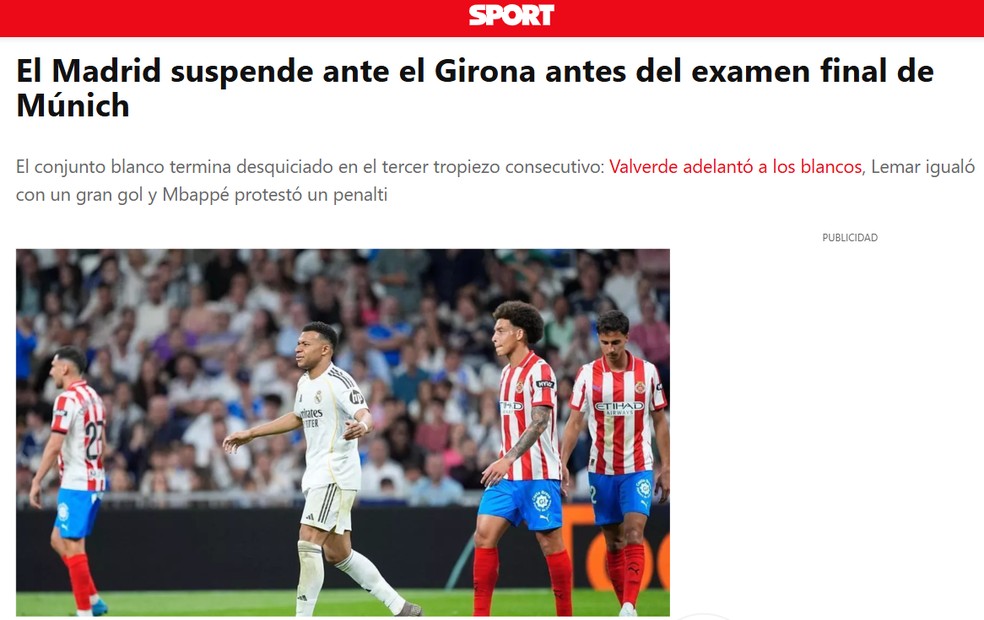 "Madrid é reprovado diante do Girona", do Sport - Imprensa da Espanha repercute Real Madrid 1x1 Girona — Foto: Reprodução / Internet