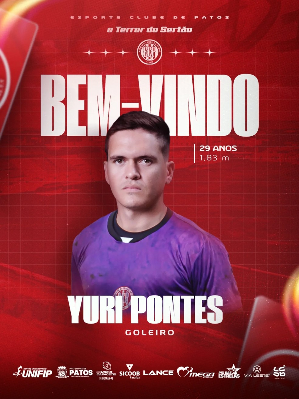Anncio de Yuri Pontes, feito nas redes sociais do Esporte de Patos  Foto: Divulgao / Esporte de Patos