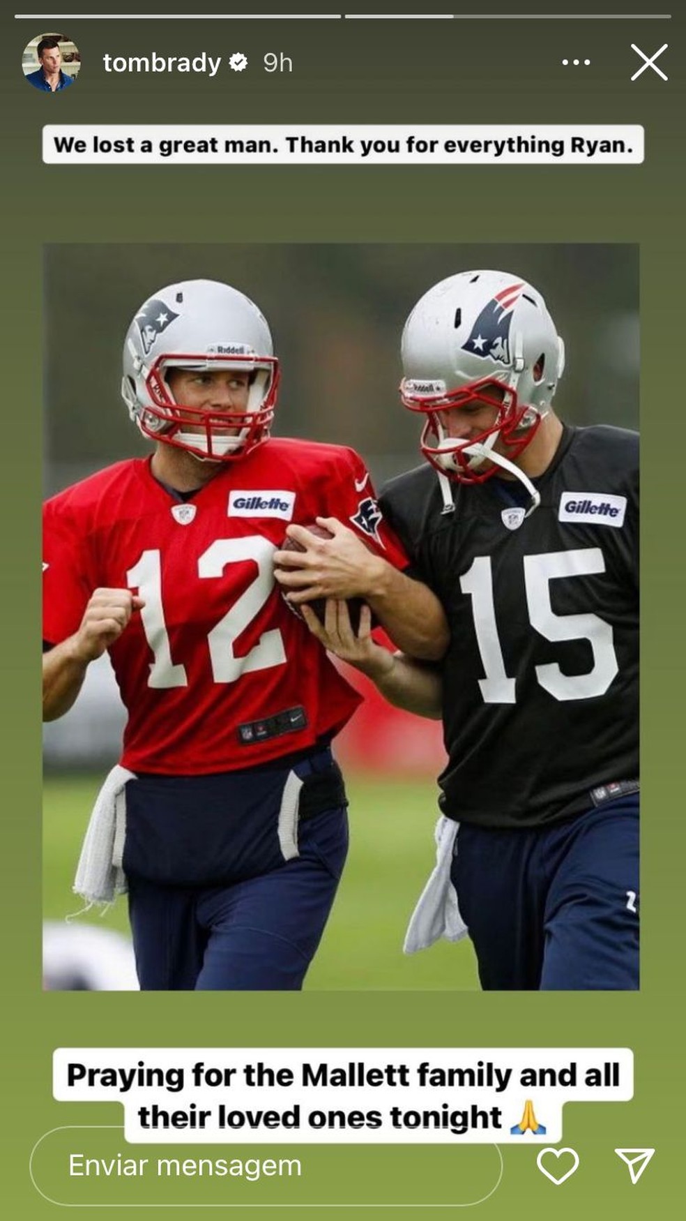 Tom Brady lamenta morte de Ryan Mallett, seu ex-suplente no New England Patriots — Foto: Reprodução/Instagram