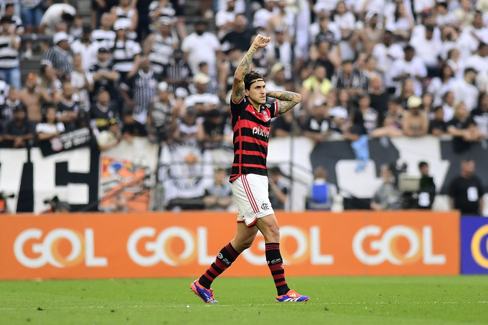 Pedro comemora gol do Flamengo contra o Corinthians — Foto: Marcos Ribolli