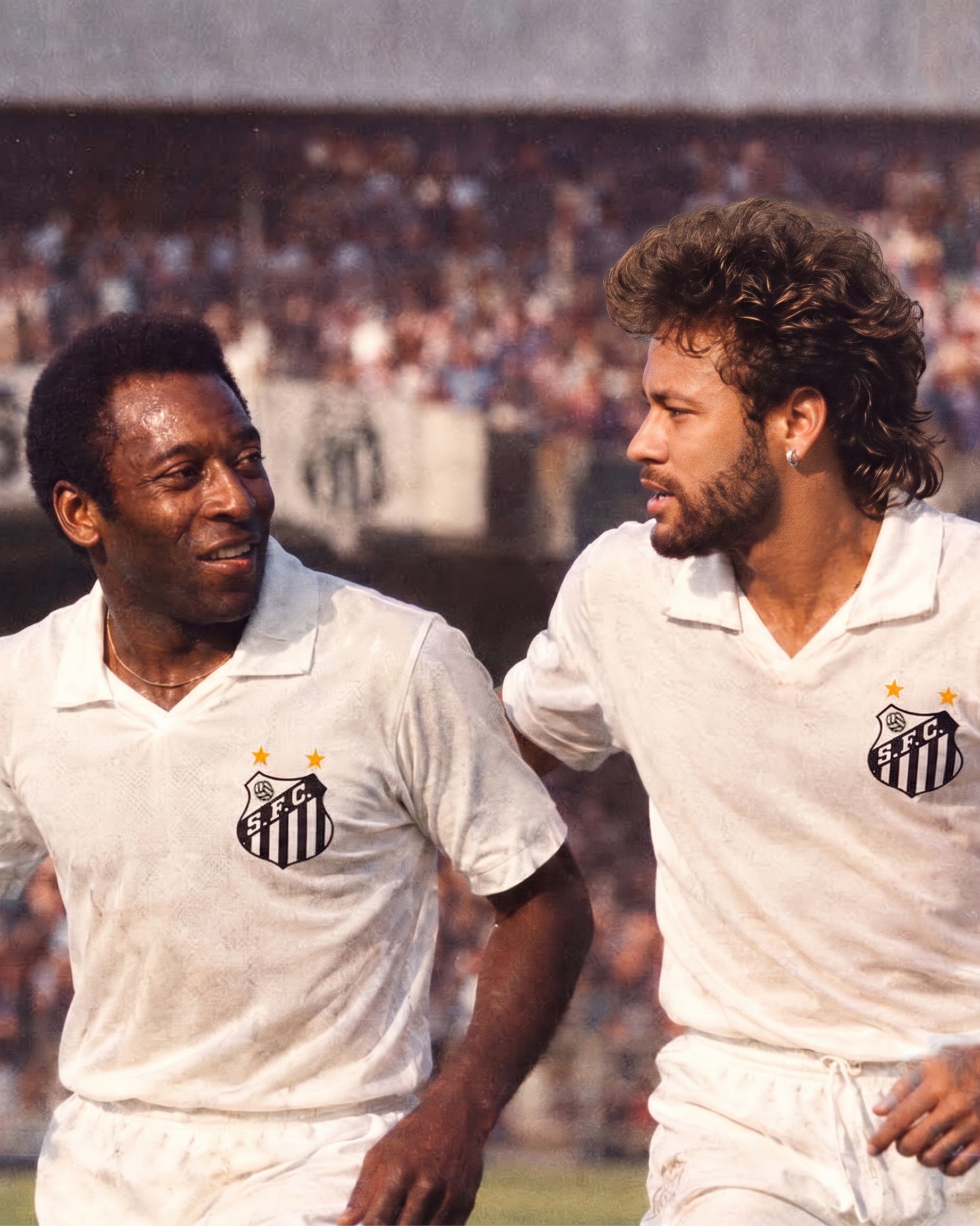Montagem de fotos de ídolos históricos do Santos ao lado de jogadores atuais em estilo anos 80