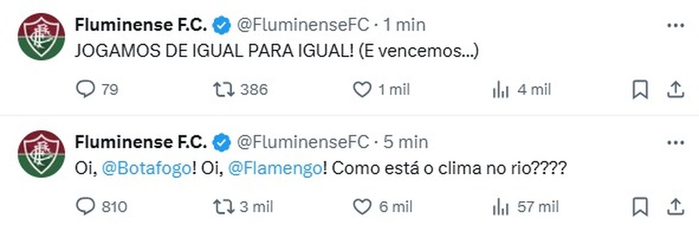 "Jogamos de igual para igual e vencemos", publica o Fluminense — Foto: Reprodução