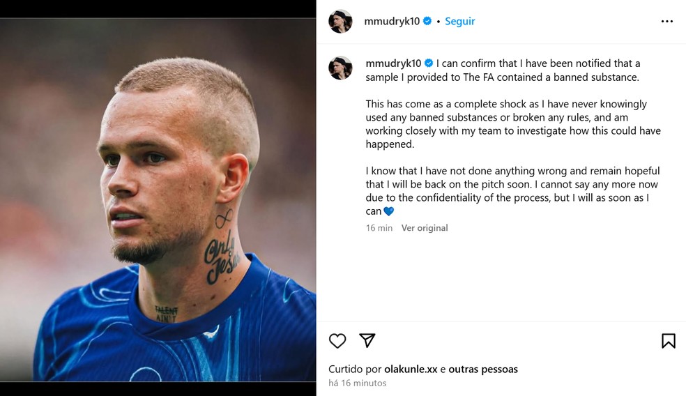 Mudryk, do Chelsea, garante ser inocente — Foto: Reprodução