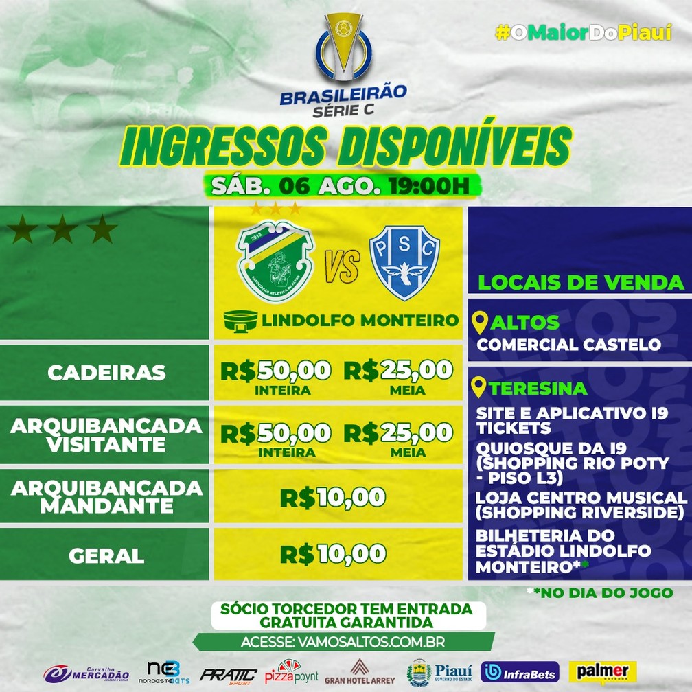 Altos x Paysandu: veja preços e locais de vendas de ingressos para partida  da Série C, brasileirão série c