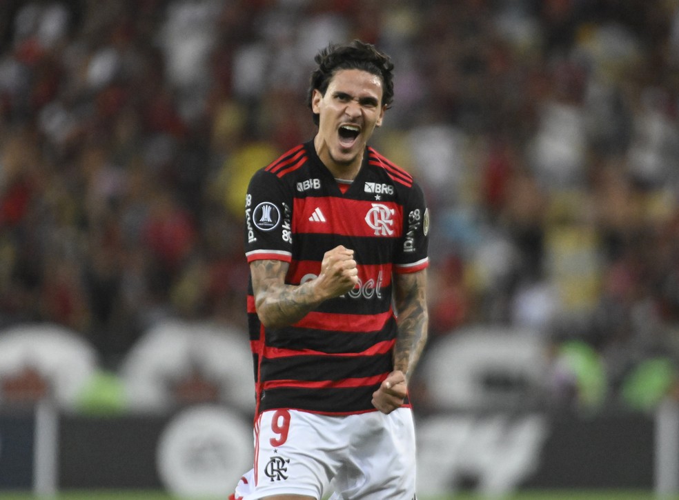 Pedro celebra o segundo gol pelo Flamengo na Libertadores 2024 — Foto: André Durão