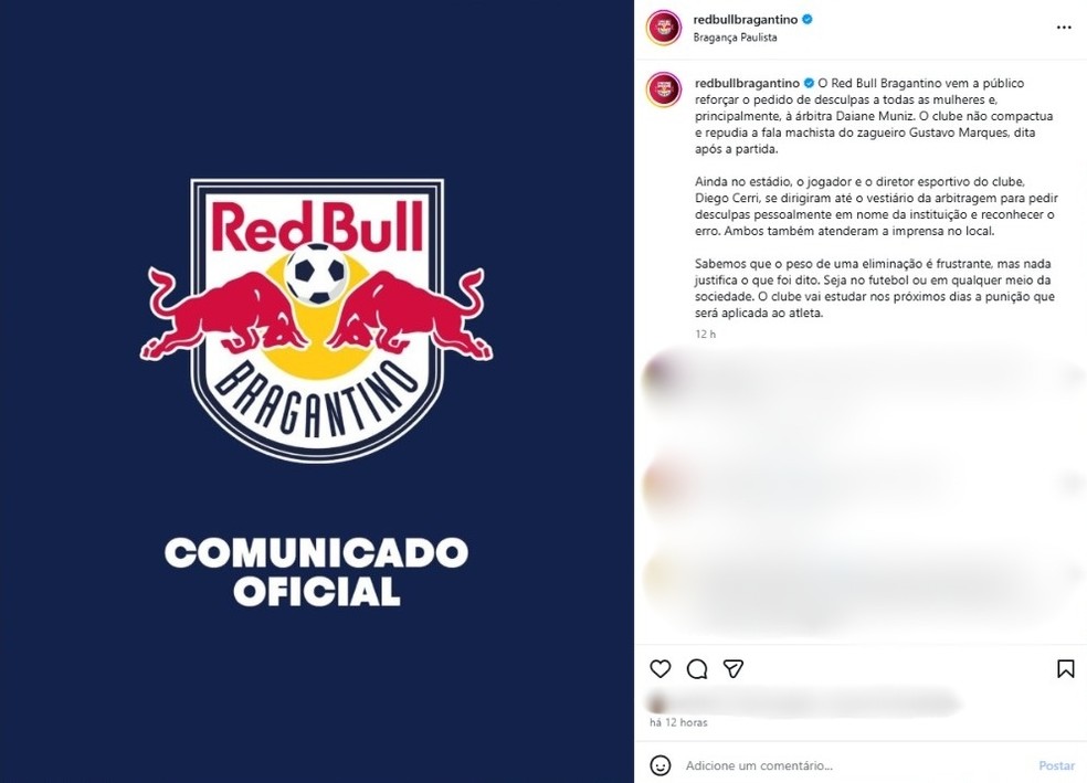 Bragantino divulgou comunicado oficial após fala machista. — Foto: Reprodução