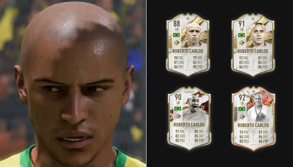 Face das versões "Mid" e "Prime Icon" de Roberto Carlos no FIFA 23 — Foto: Filipe Guedes