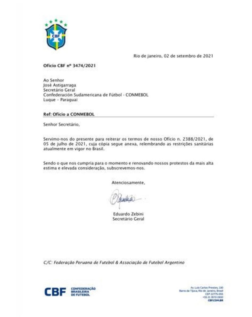 CBF emite nota oficial após confusão entre Brasil e Argentina