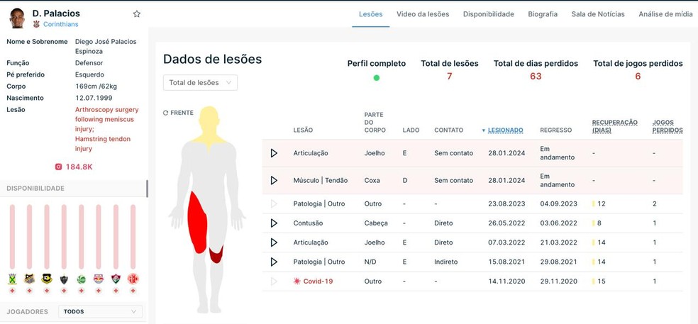 Dados de Diego Palacios na análise técnica feita no Corinthians — Foto: Reprodução