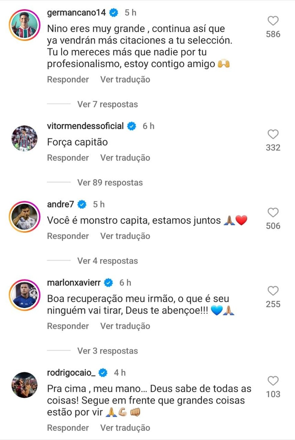 Jogadores mandam mensagens de apoio para Nino — Foto: Reprodução